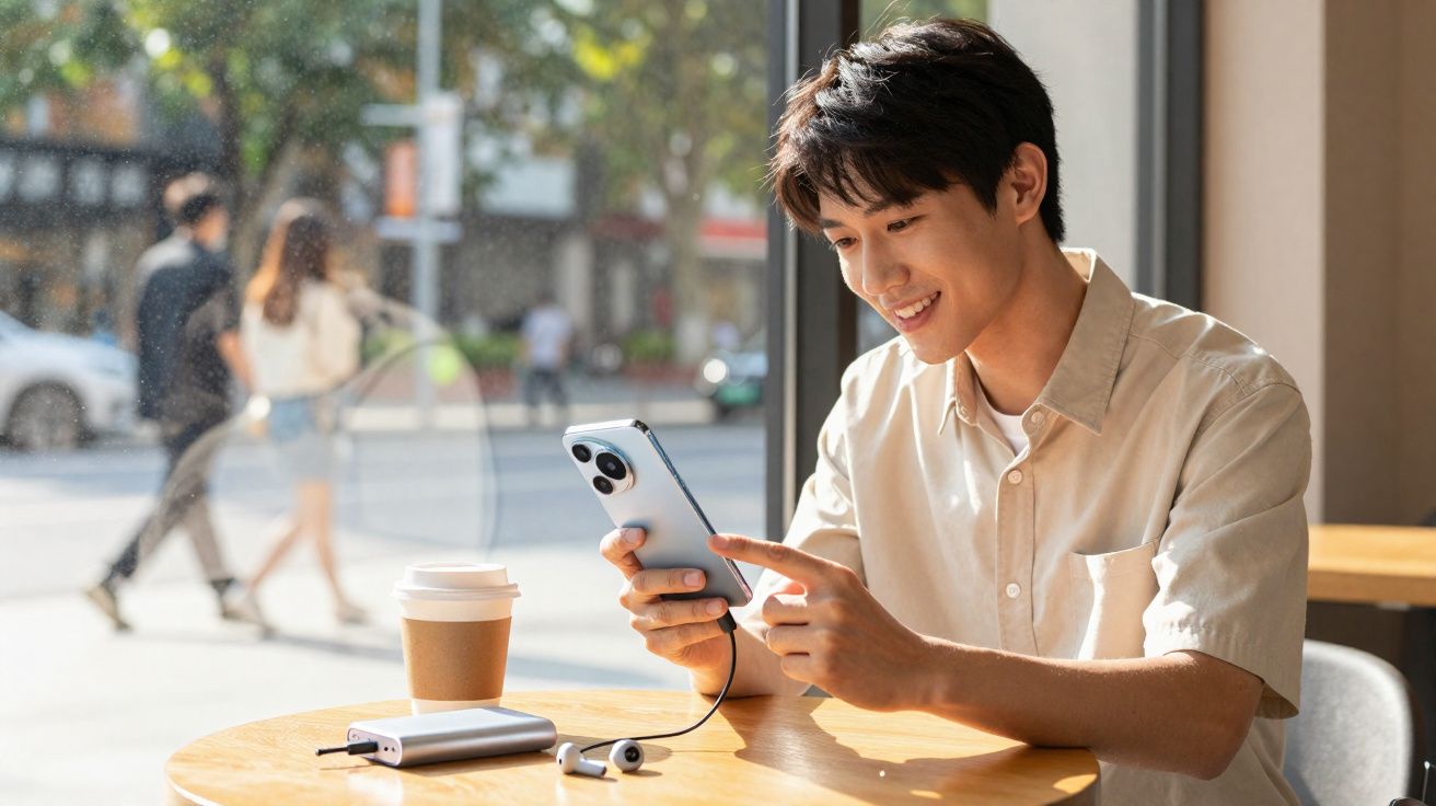 Jovem sorridente sentado numa cafetaria a usar telemóvel, com café e auscultadores sobre a mesa.
