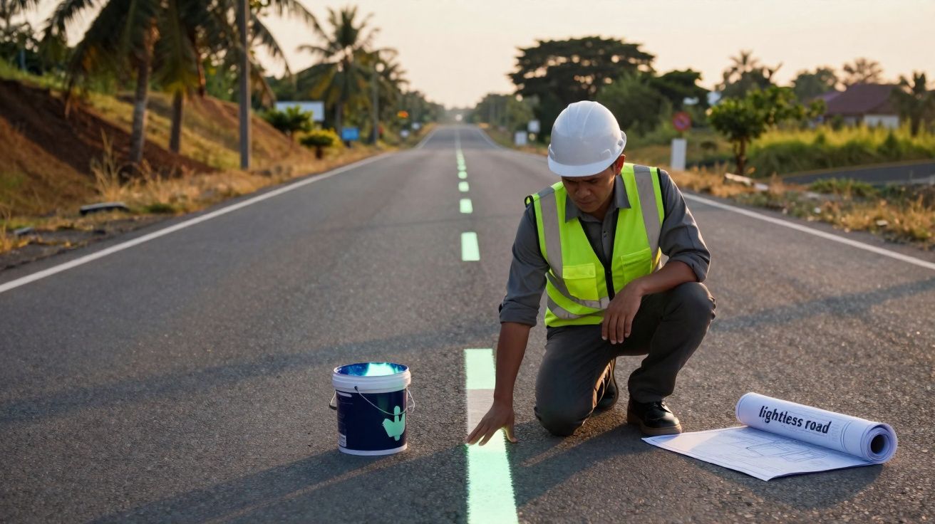 Engenheiro com colete e capacete verifica pintura de linha branca ao centro de estrada deserta ao pôr do sol.