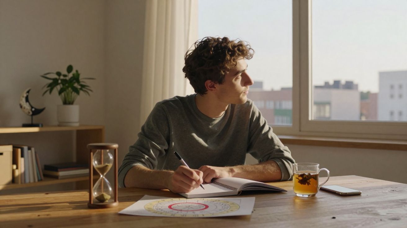 Jovem a estudar numa mesa com caderno, chá, ampulheta e gráficos, olhando pela janela durante o dia.