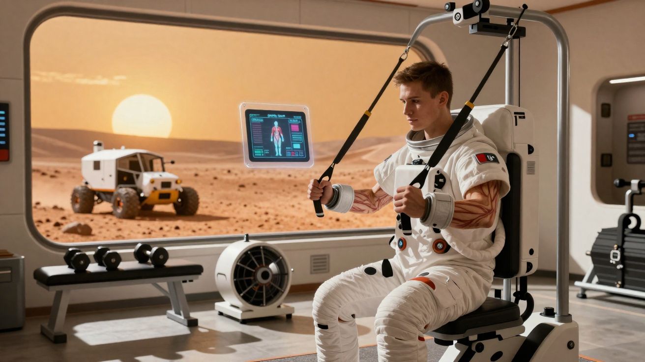 Astronauta a fazer exercício num ginásio com vista para o deserto marciano ao pôr do sol.