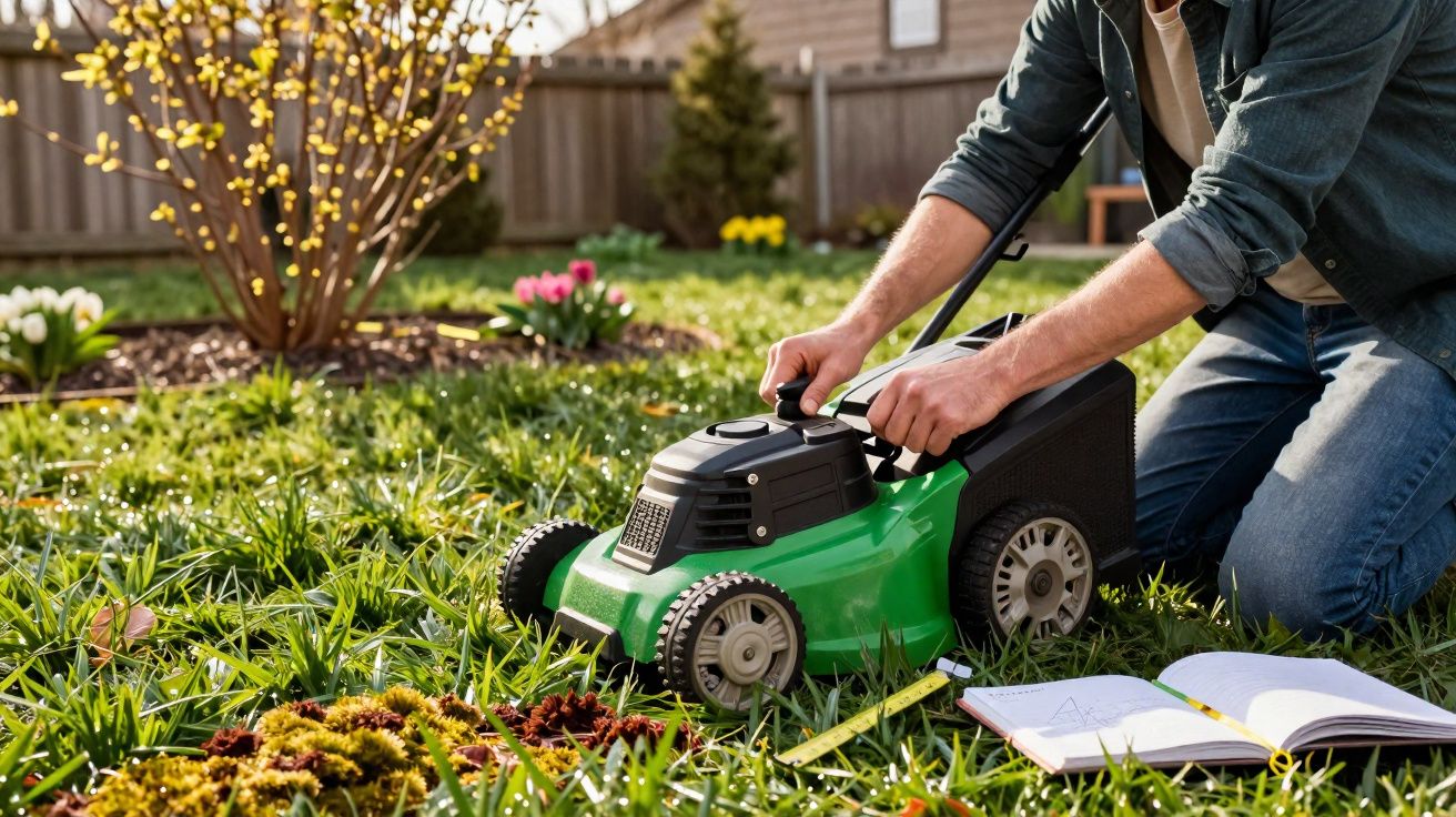 Pessoa ajusta cortador de relva verde num jardim com flores e caderno aberto no chão.
