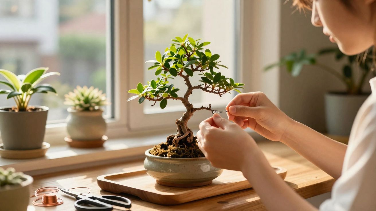 Pessoa a cuidar de bonsai numa mesa junto a uma janela com outras plantas pequenas ao fundo.