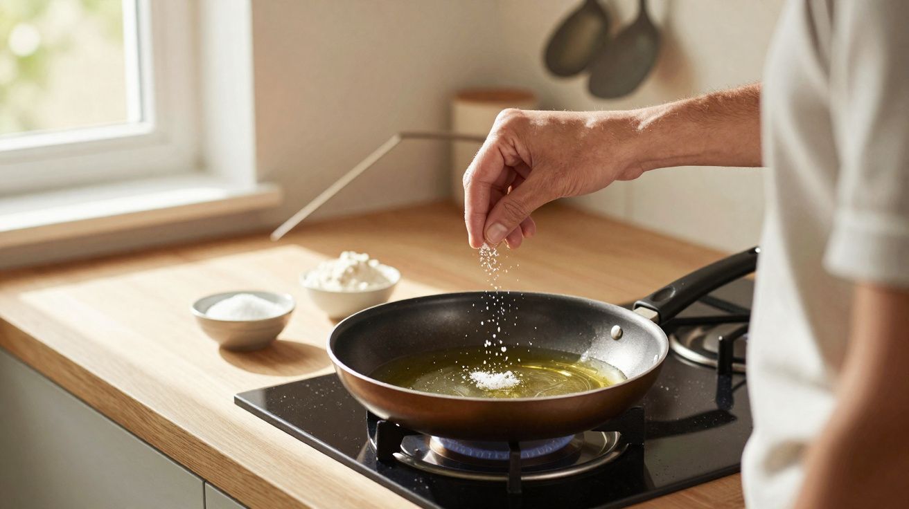 Mão a polvilhar sal numa frigideira com óleo sobre fogão a gás numa cozinha luminosa.