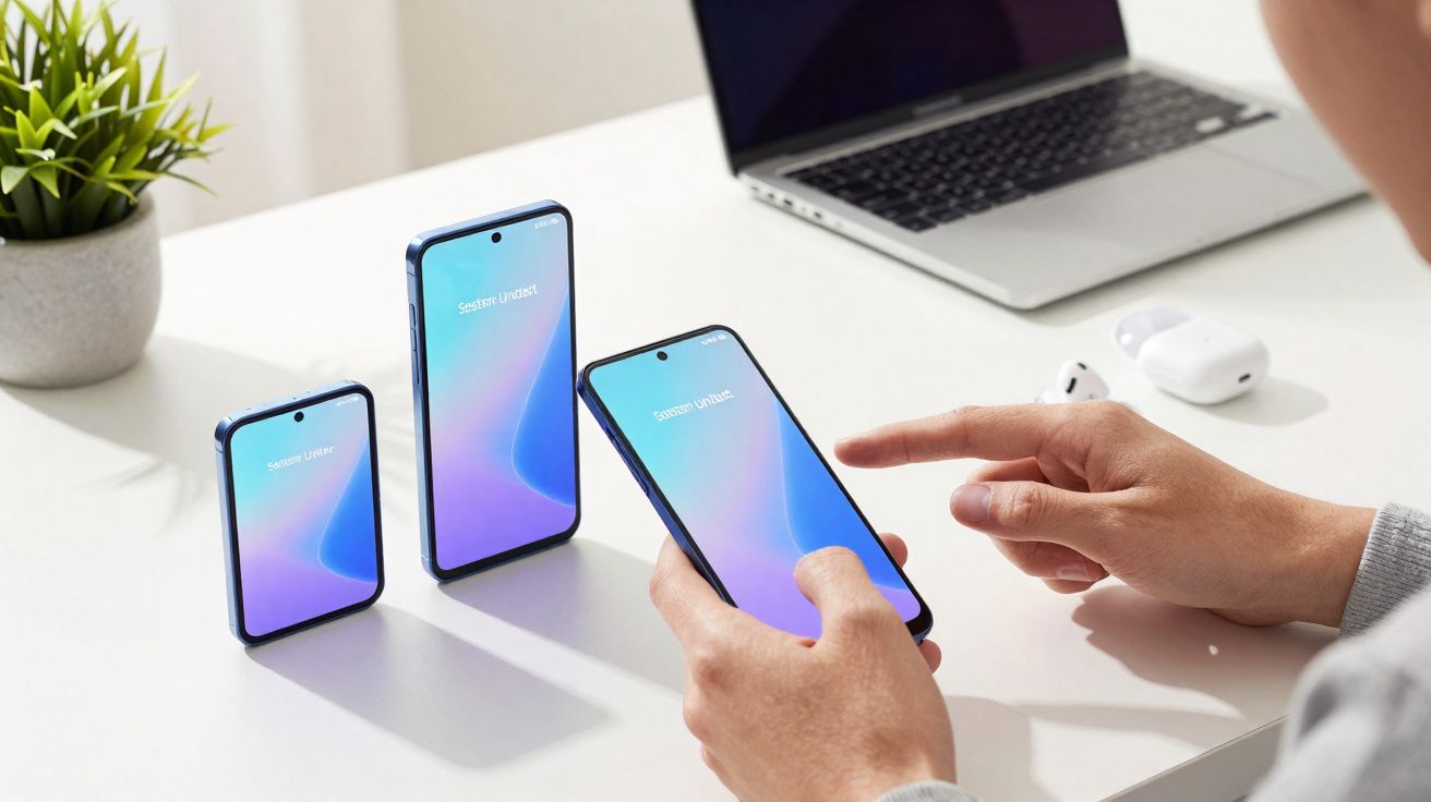 Pessoa a segurar smartphone Samsung e interagir com três dispositivos Samsung Unity sobre secretária branca.