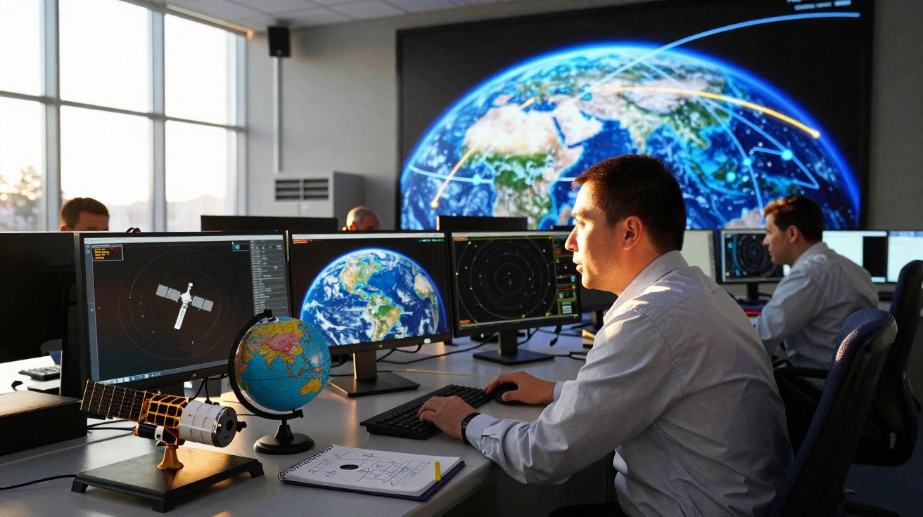 Homens a trabalhar numa sala de controlo com ecrãs de satélite e globo terrestre em ambiente tecnológico.