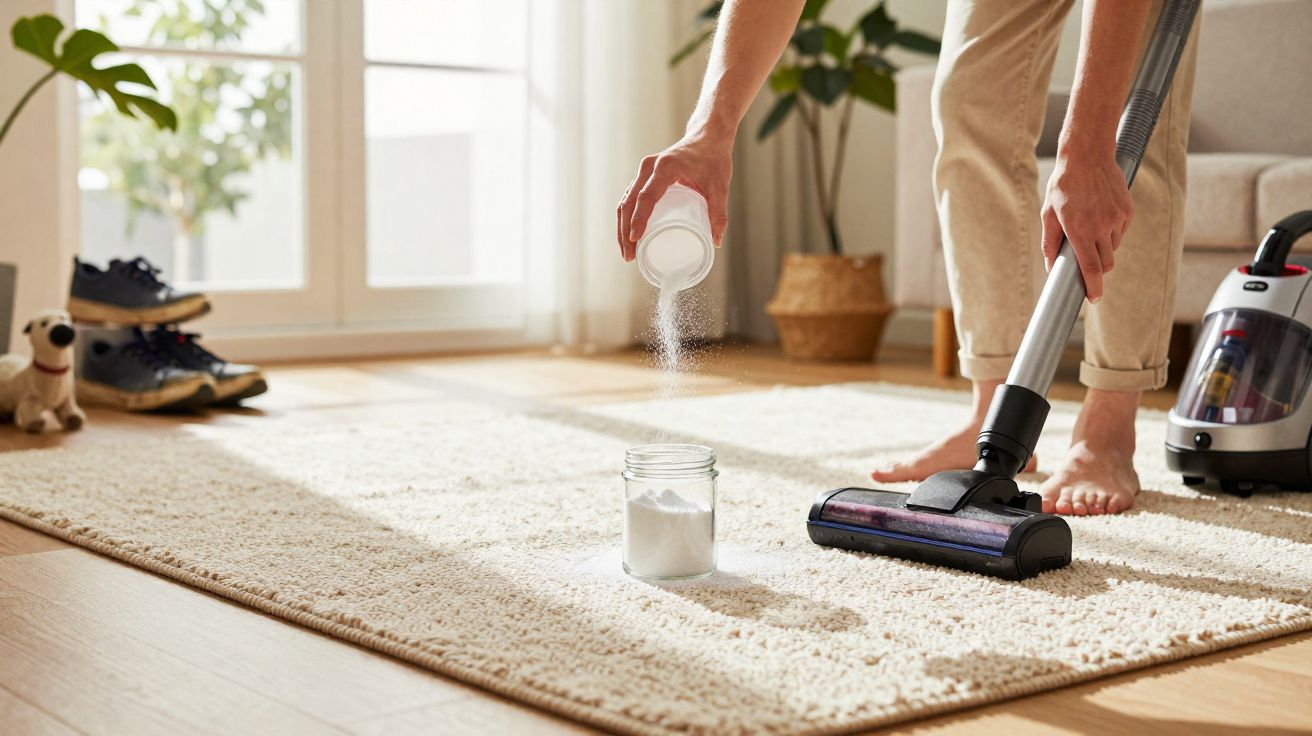 Pessoa a limpar um tapete claro com aspirador e pó bicarbonato de sódio em sala iluminada.