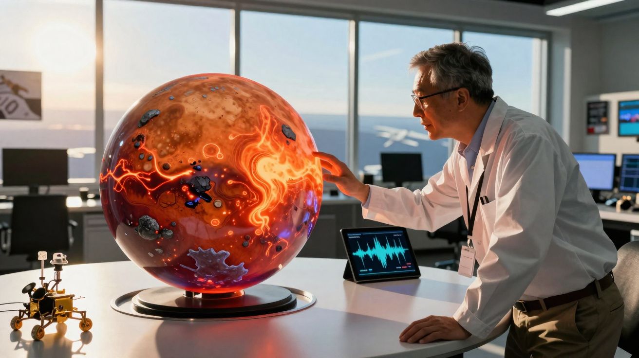 Cientista observa um globo luminoso com padrões de energia num laboratório moderno.