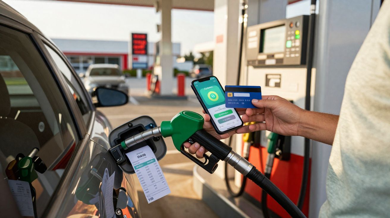 Pessoa a abastecer carro numa bomba de gasolina com pagamento por telemóvel e cartão bancário.