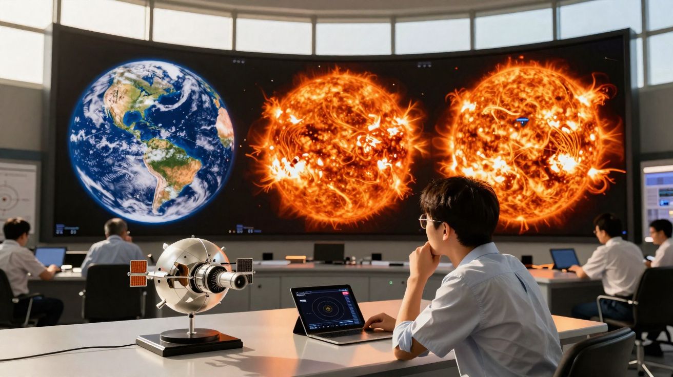 Sala de controlo espacial com cientistas a analisar imagens do planeta Terra e do Sol em grandes ecrãs.