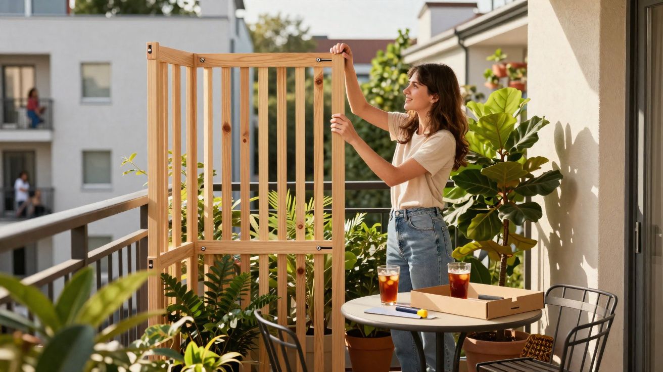 Mulher a montar cerca de madeira num terraço com plantas e mesa com bebidas e caixa de pizza.
