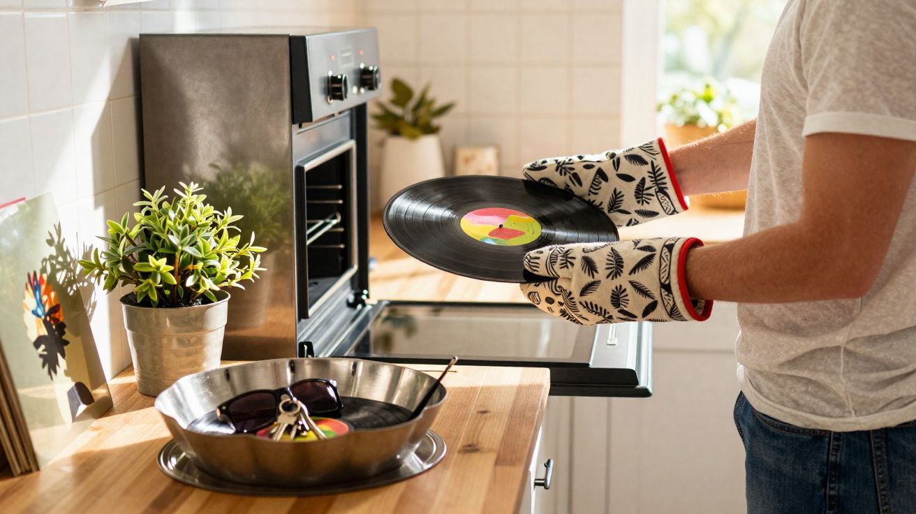 Pessoa a segurar disco de vinil com luvas térmicas junto a um forno na cozinha com plantas e acessórios.