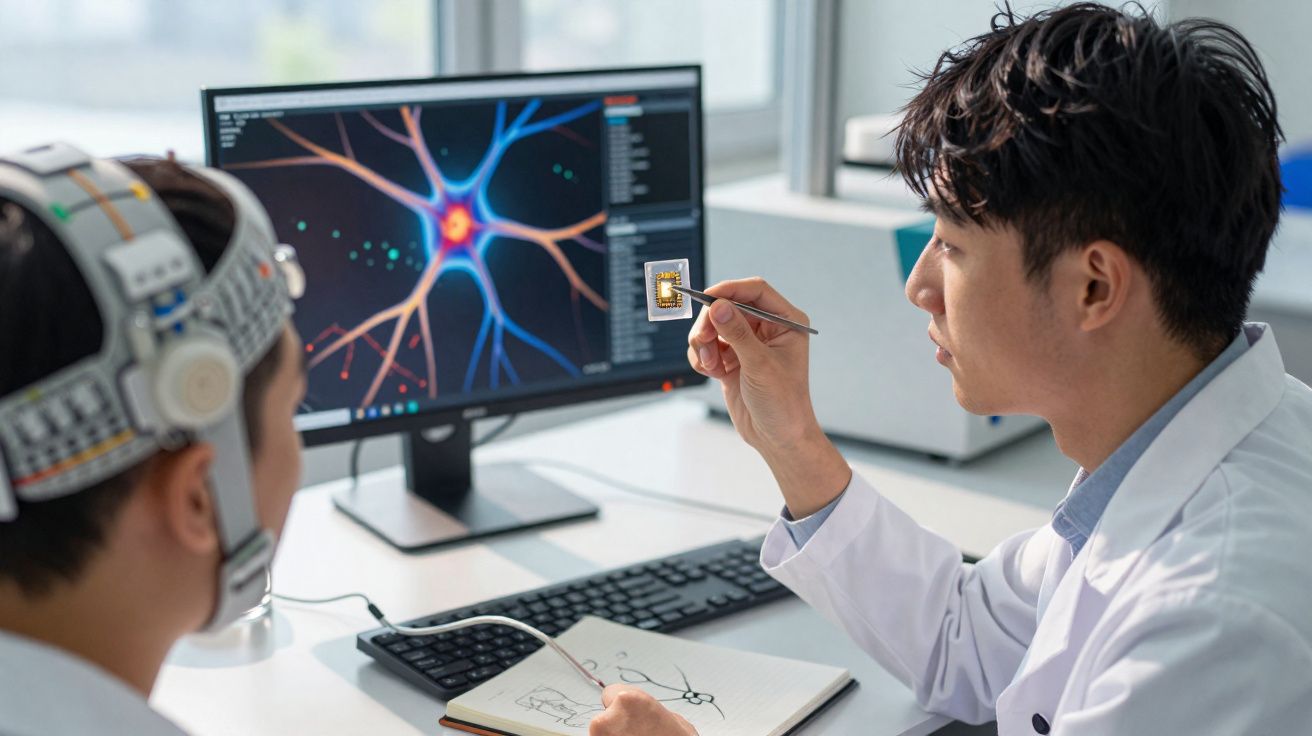 Dois cientistas com bata branca estudam neurónios no ecrã de um computador num laboratório moderno.