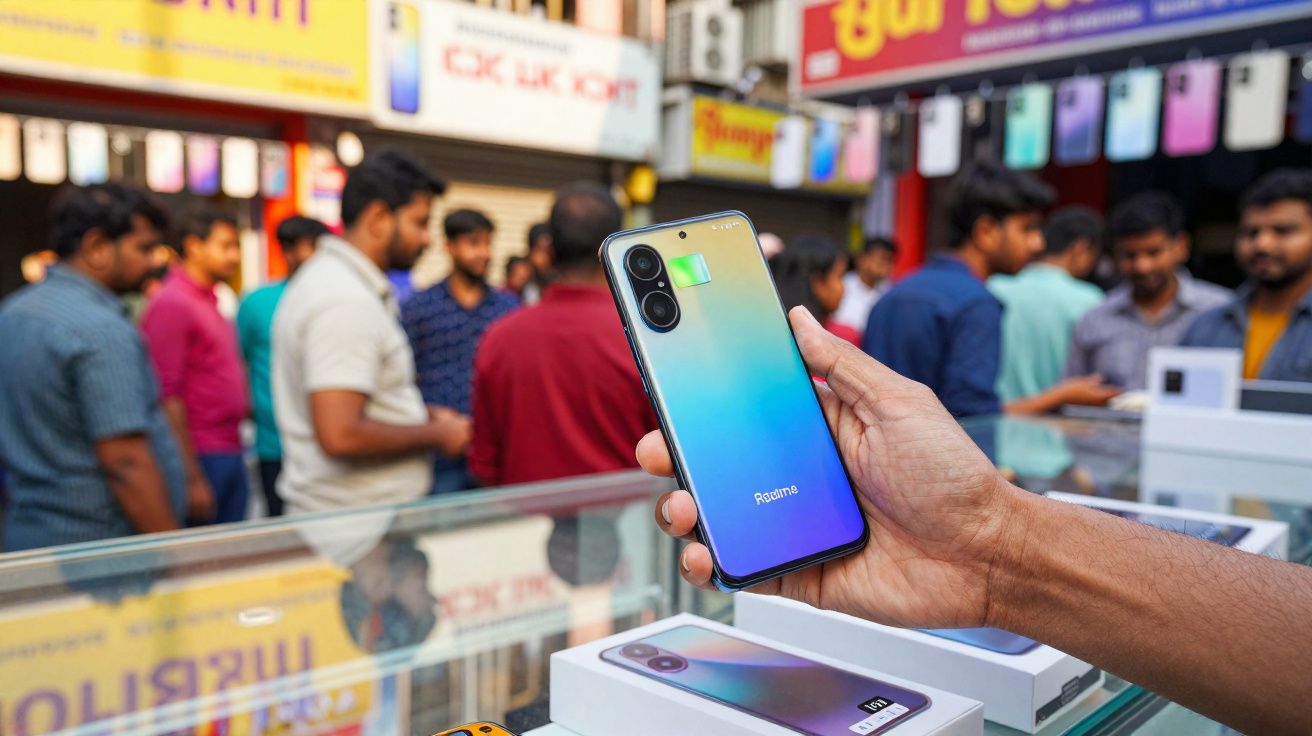 Pessoa a segurar um smartphone colorido numa loja de eletrónica com várias pessoas ao fundo.