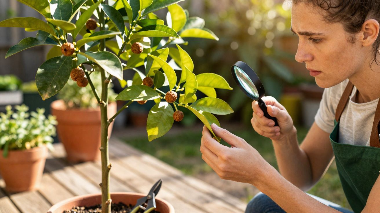 Mulher a observar folhas de planta com lupa num jardim, verificando sinais de doenças nas folhas.