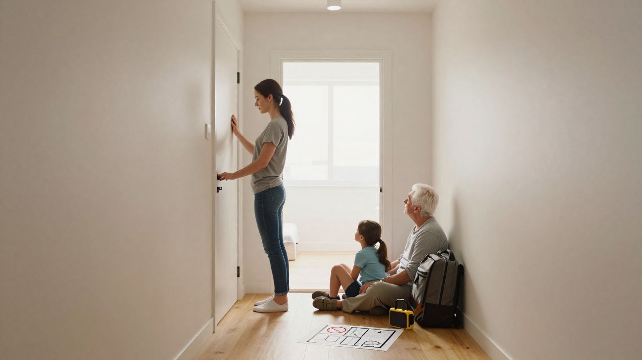 Mulher abre porta, com criança e homem sentado no chão de corredor claro com materiais de projeto.