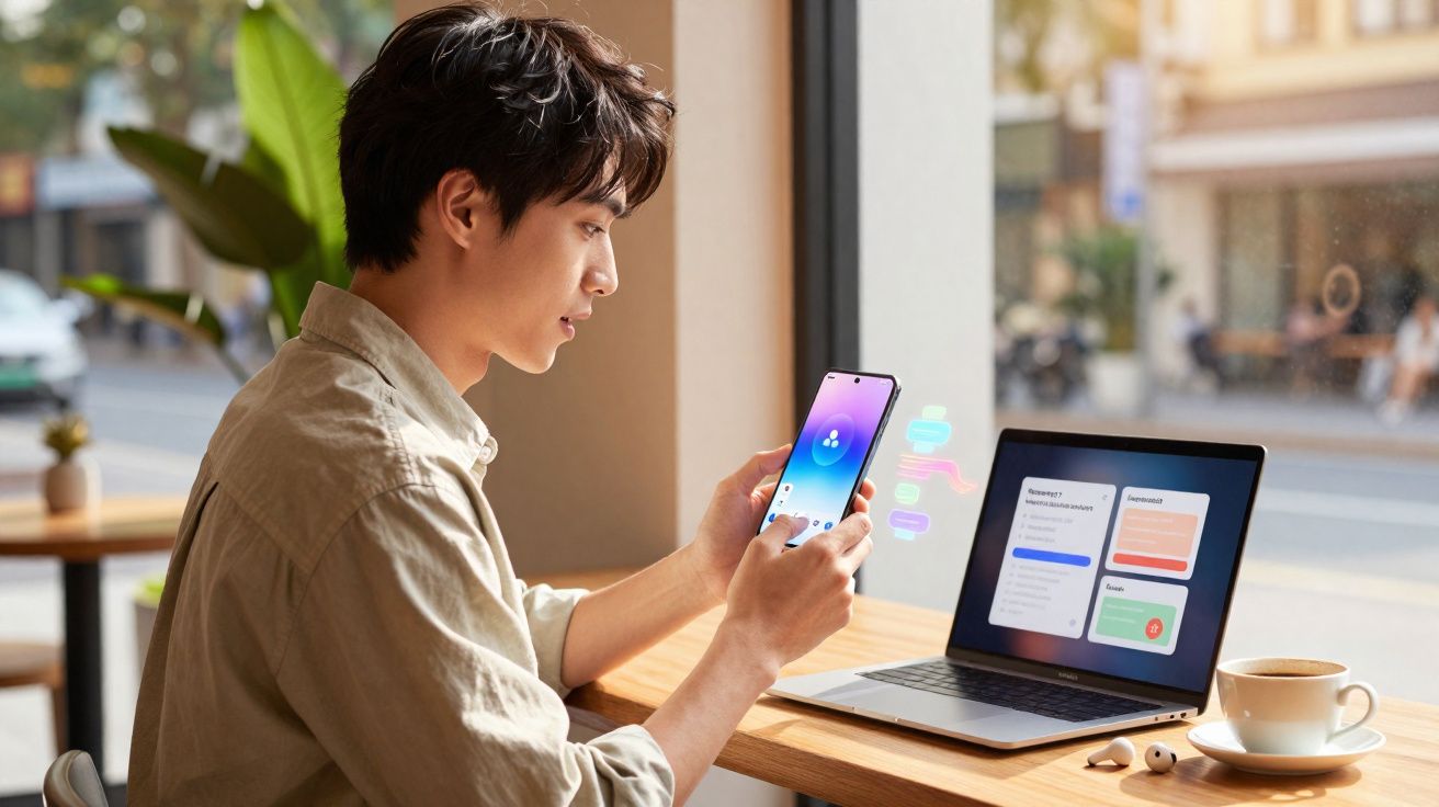 Homem jovem sentado numa mesa a usar smartphone e portátil num café, com chá e auscultadores ao lado.