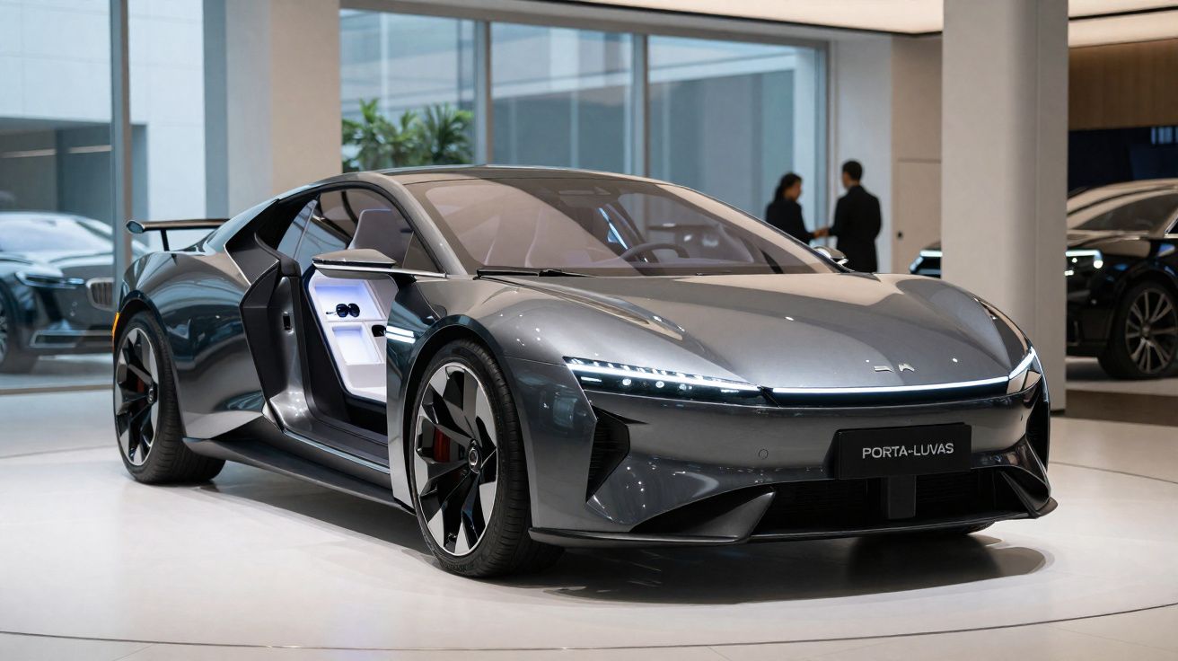 Carro desportivo cinzento com porta aberta numa exposição estilosa e moderna com pessoas ao fundo.