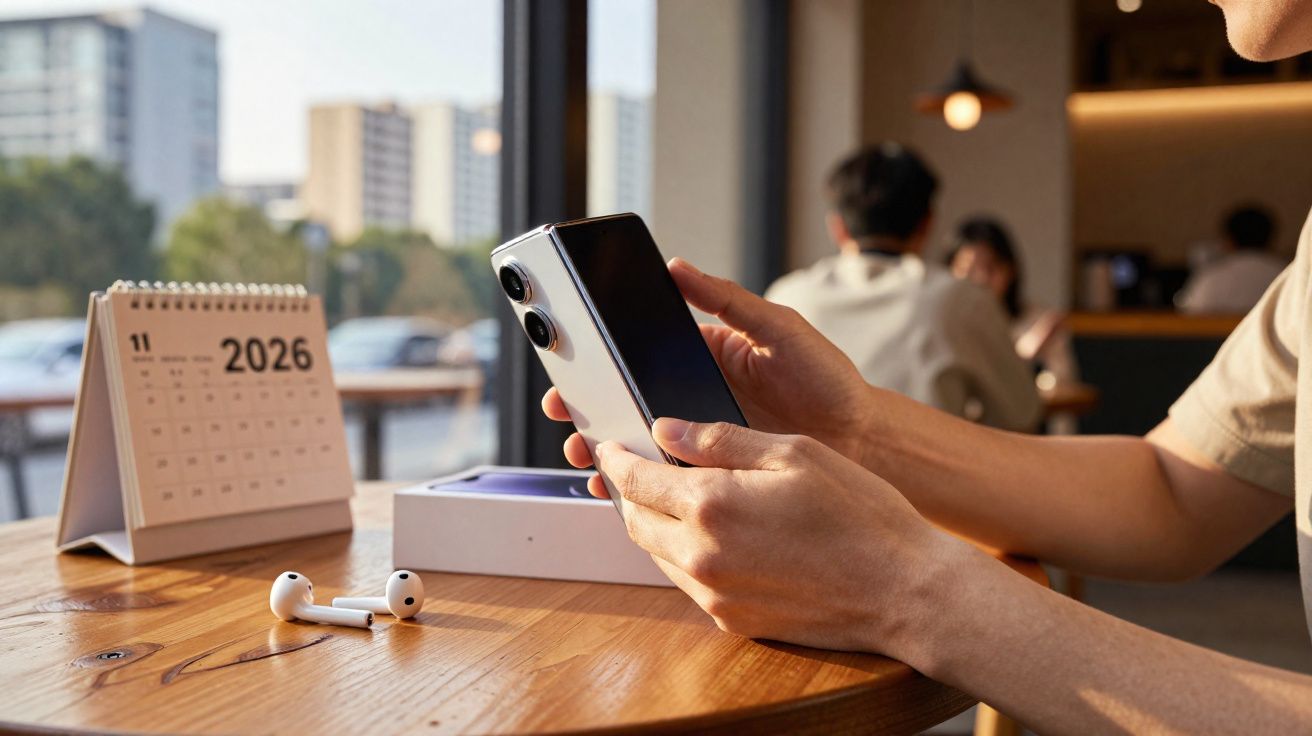Pessoa a segurar um telemóvel moderno perto de um calendário e auriculares sobre uma mesa de madeira.