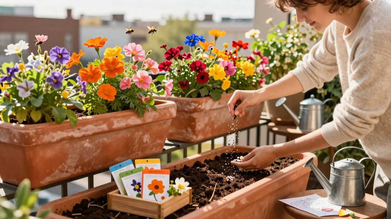 Pessoa a semear sementes num vaso com flores coloridas num terraço ensolarado.