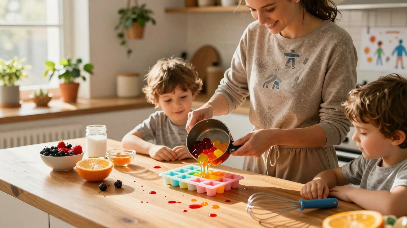 Mulher a fazer gelatina com duas crianças numa cozinha iluminada e moderna.