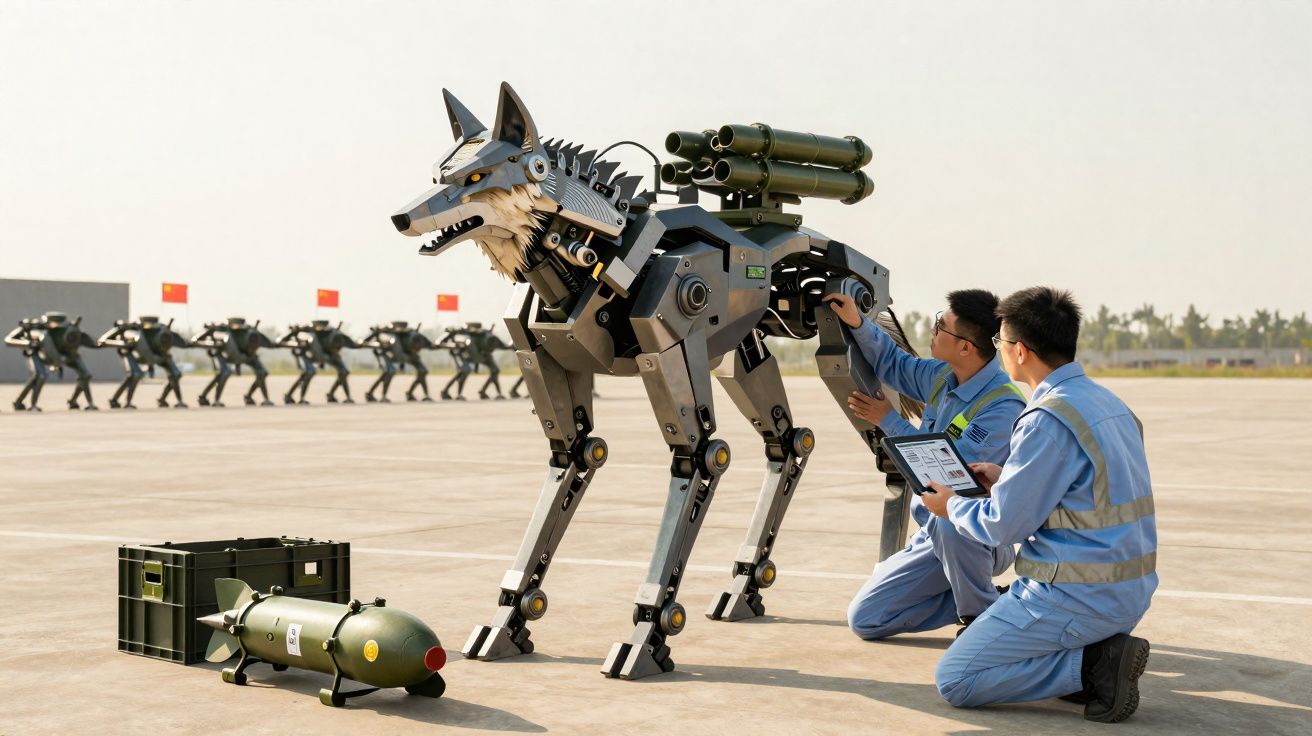 Dois técnicos inspecionam um robô militar em forma de lobo equipado com armamento, num campo aberto.