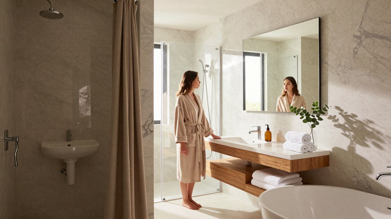 Mulher de roupão bege em casa-de-banho moderna com espelho, pia, banheira e chuveiro.