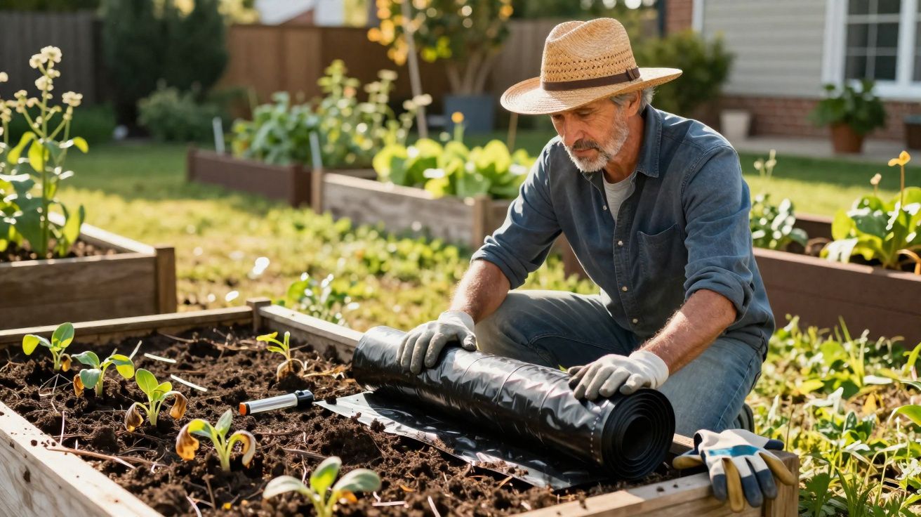Homem com chapéu e luvas a desenrolar plástico num canteiro de jardim com plantas jovens.