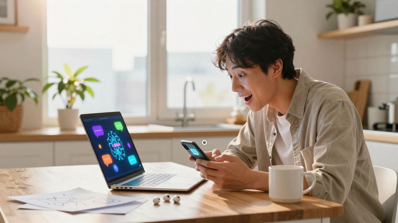 Jovem empolgado usando telemóvel sentado à mesa com portátil e desenhos numa cozinha iluminada.