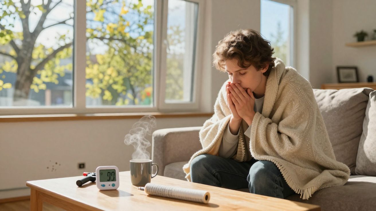 Jovem sentado no sofá enrolado numa manta, com mãos perto da boca, ao lado de chá quente numa sala iluminada.