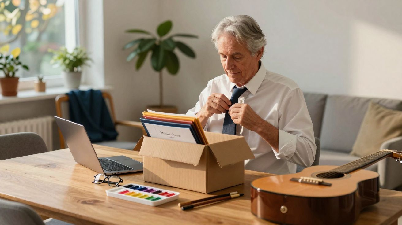 Homem envelhecido a desabotoar gravata sentado à mesa com caixa de documentos e guitarra ao lado.