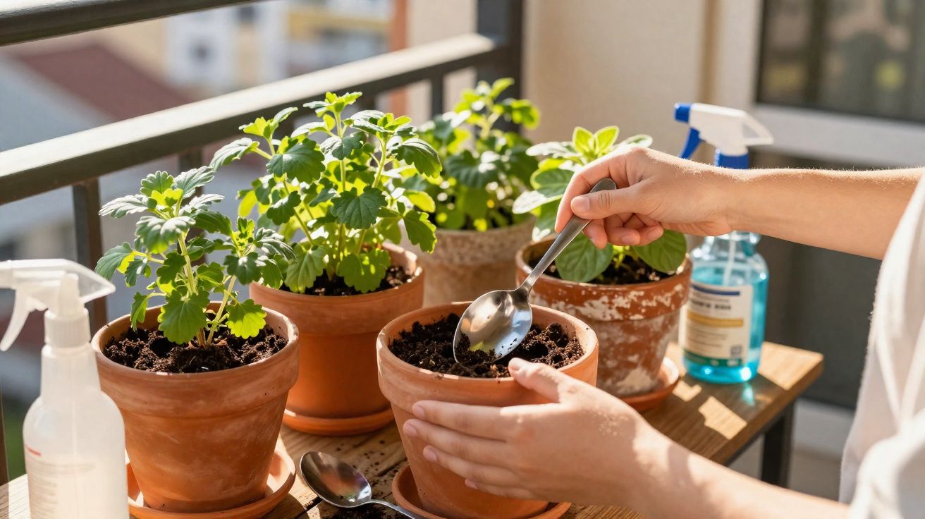 Mãos a preparar terra em vaso de barro para plantar, com várias plantas verdes e pulverizadores ao fundo.