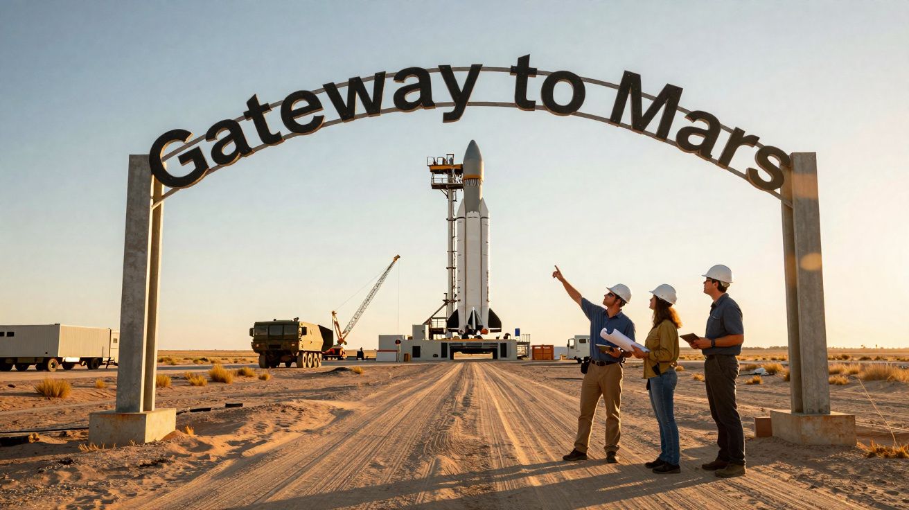 Entrada de lançamento espacial com foguete, equipamentos e três pessoas com capacetes a discutir.