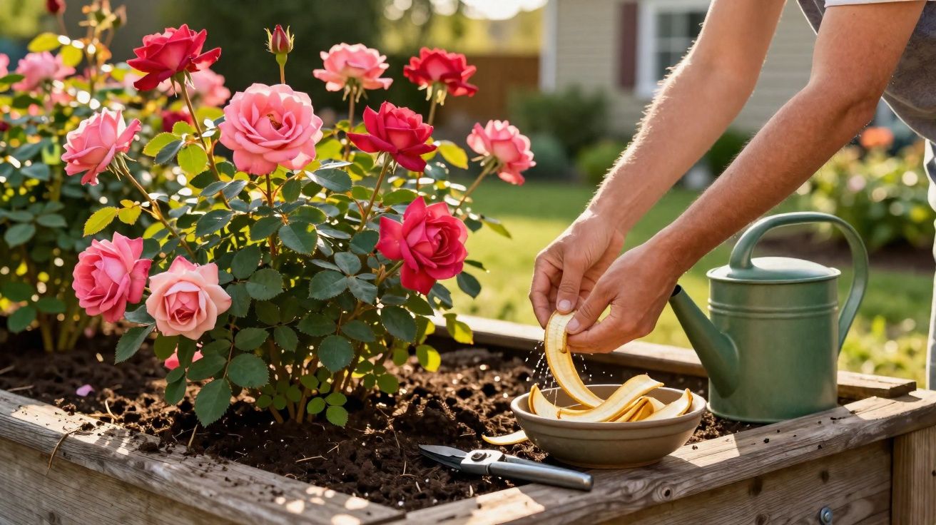 Pessoa a colocar casca de banana num vaso de flores com rosas rosas e vermelhas num jardim.