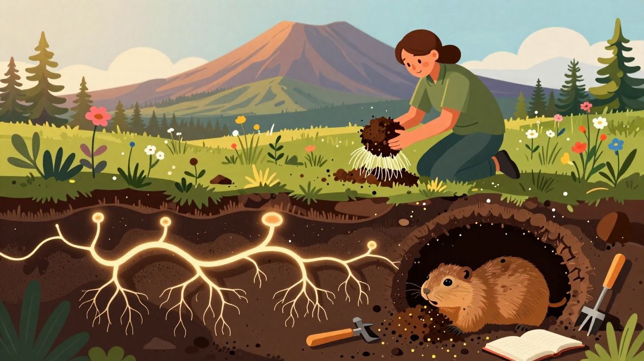 Pessoa a plantar uma planta com raízes iluminadas e um roedor numa toca subterrânea perto de ferramentas e livros.