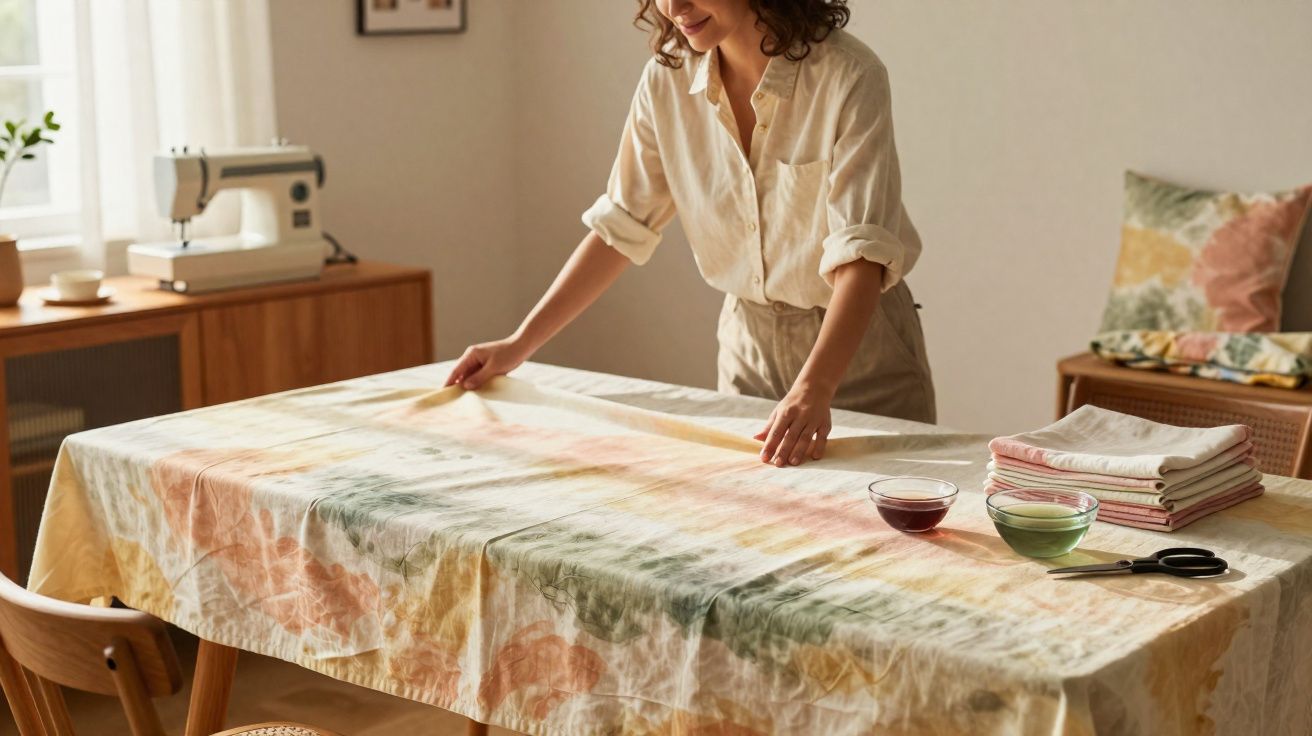 Mulher a estender tecido colorido sobre mesa, preparando-se para atividades de costura em ambiente luminoso.