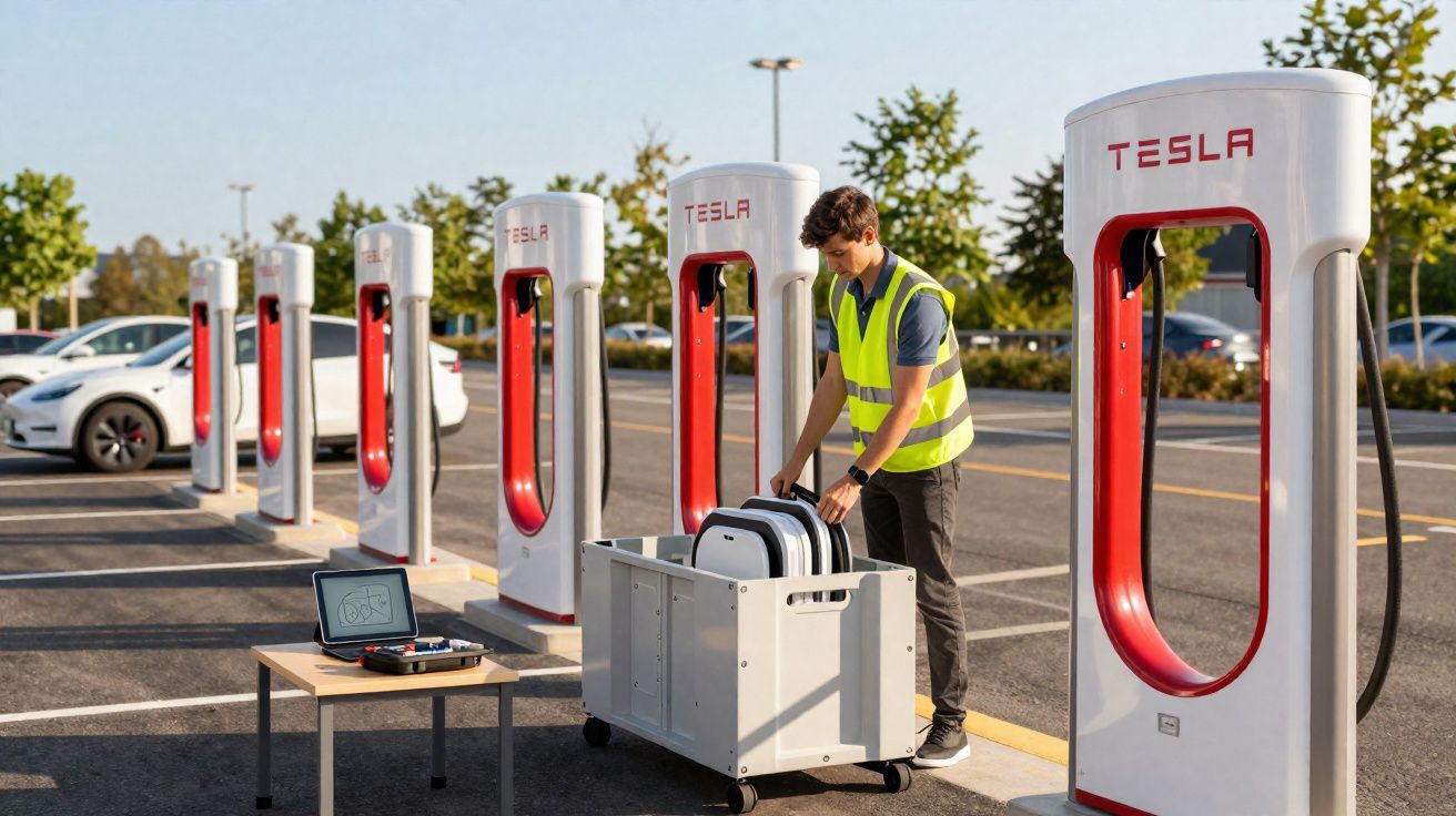 Estação de carregamento Tesla com cinco postos, jovem a manusear equipamentos numa caixa em parque de estacionamento.