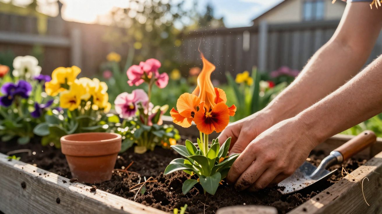 Mãos a plantar uma flor laranja em canteiro com outras flores coloridas num jardim ao entardecer.