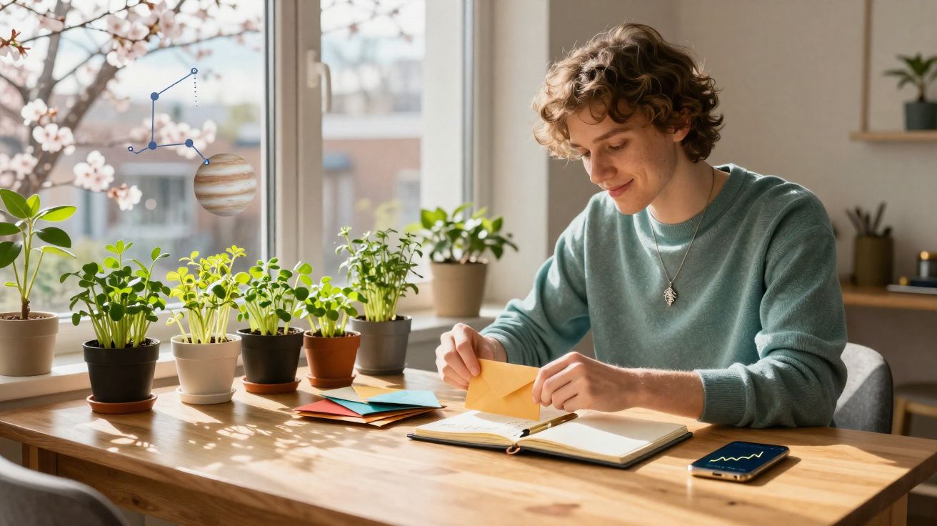 Jovem sentado à mesa escreve cartas rodeado de plantas, com janela e árvore florida ao fundo.