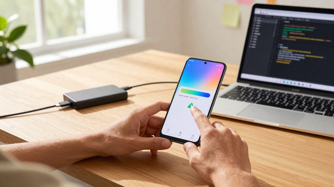 Pessoa a utilizar smartphone com laptop aberto e código no ecrã numa secretária de madeira.