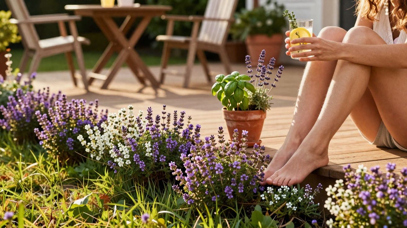 Pessoa sentada no alpendre com bebida, pés descalços e flores roxas e brancas ao lado.