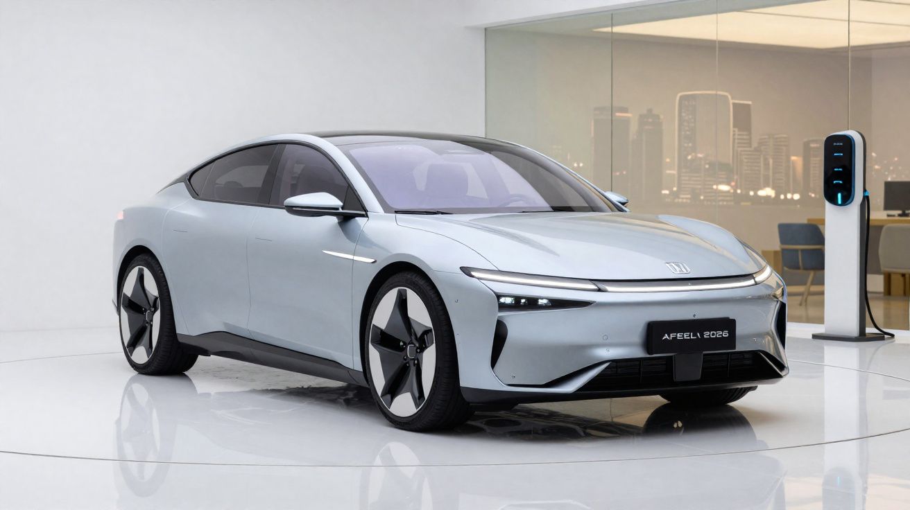 Carro elétrico cinzento moderno AFEEL1 2026 estacionado em showroom branco com posto de carregamento.