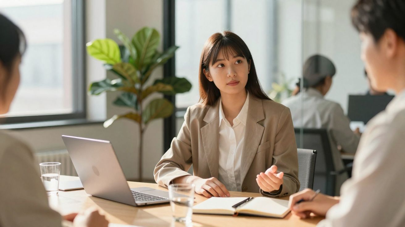 Mulher em reunião de trabalho a discutir com colegas numa sala iluminada com plantas e computador portátil.