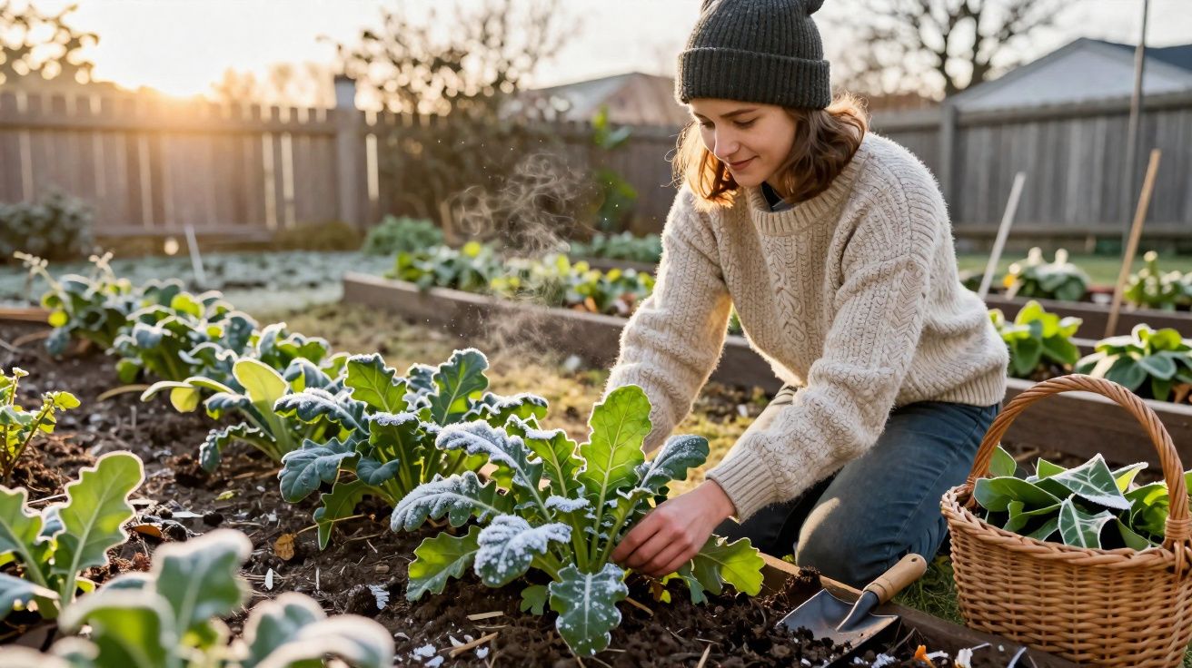 Mulher a cuidar de plantas numa horta ao ar livre, vestida com camisola grossa e gorro cinzento.