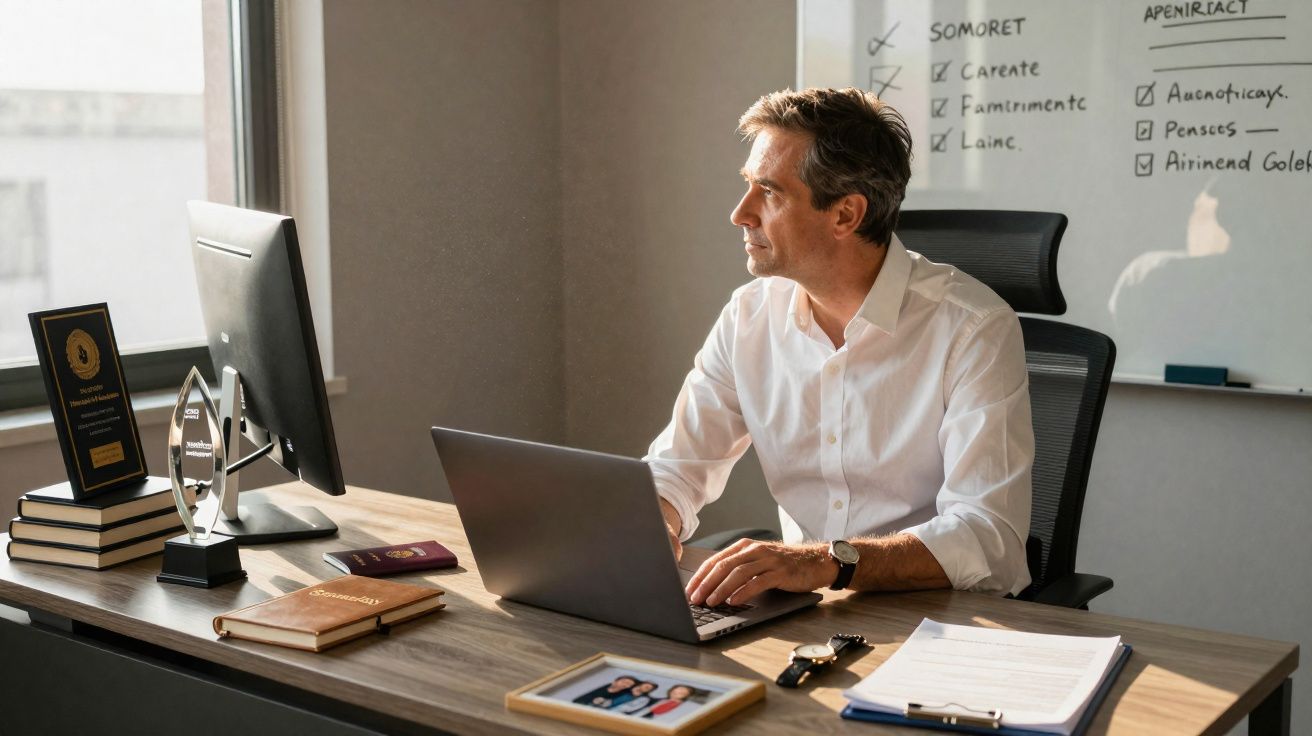 Homem de camisa branca sentado à secretária de escritório a trabalhar num computador portátil e olhar pela janela.