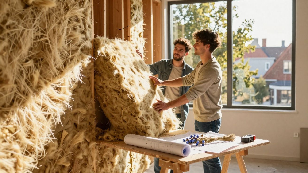 Dois homens examinam materiais de isolamento térmico natural numa divisão iluminada por luz natural.