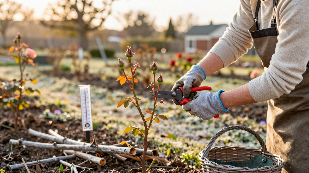 Pessoa a podar ramos de uma planta jovem num jardim ao nascer do sol, com cesta e termómetro no solo.