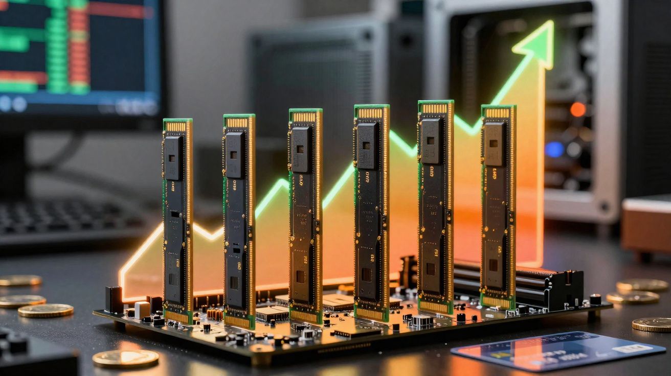 Placa de circuito com memórias RAM em vertical e gráfico de crescimento em fundo desfocado.