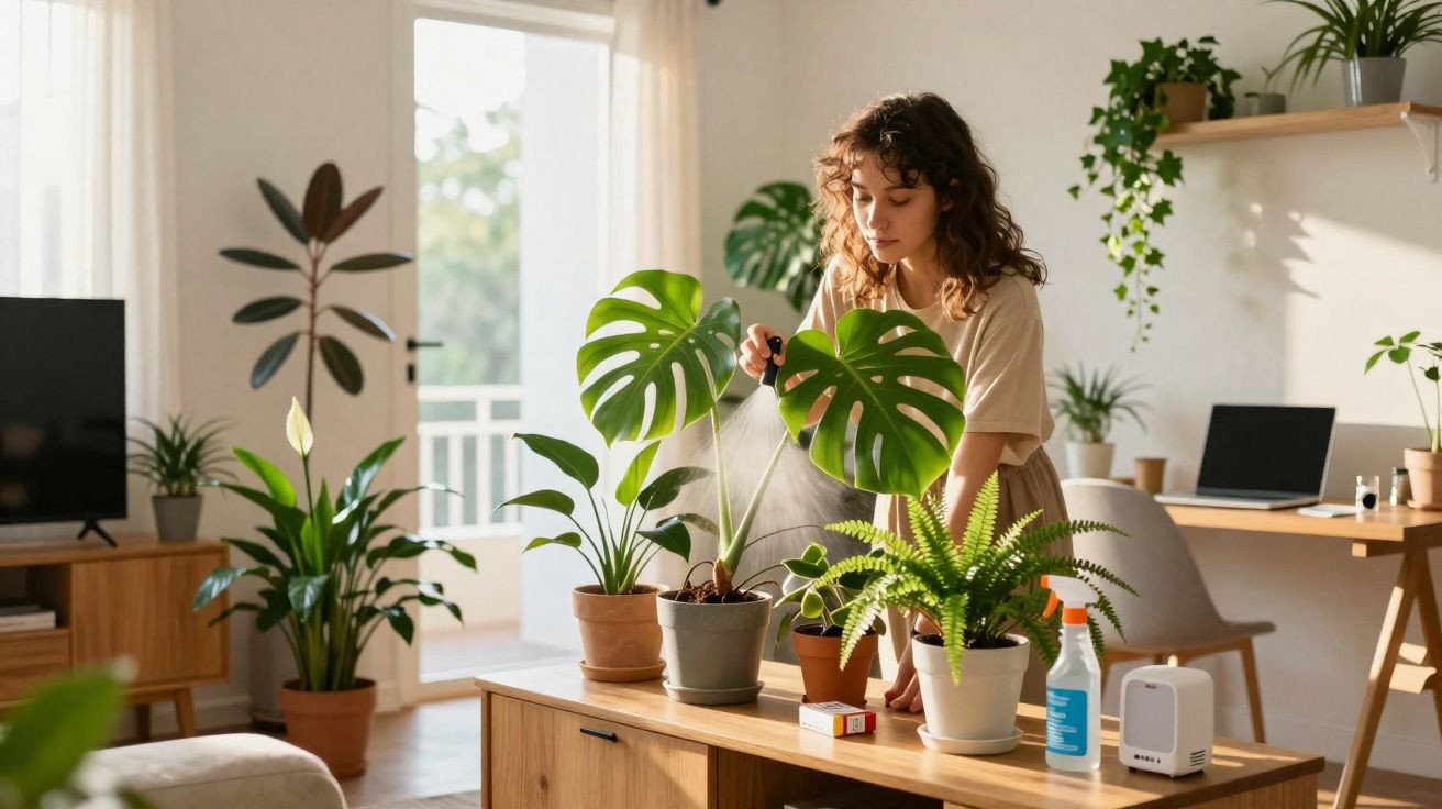 Mulher a regar plantas de interior numa sala iluminada com móveis em madeira clara.