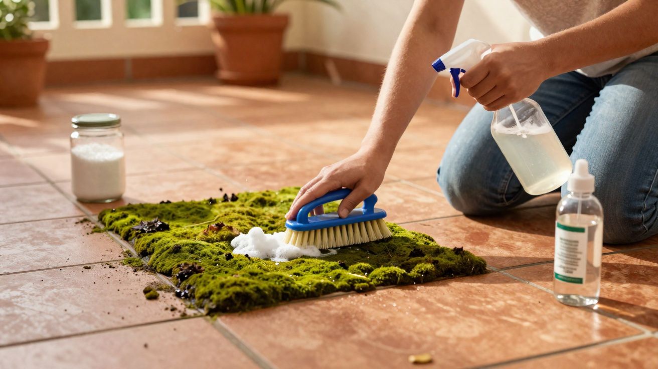 Pessoa a limpar musgo no chão com escova, spray e detergente numa divisão com azulejos castanhos.