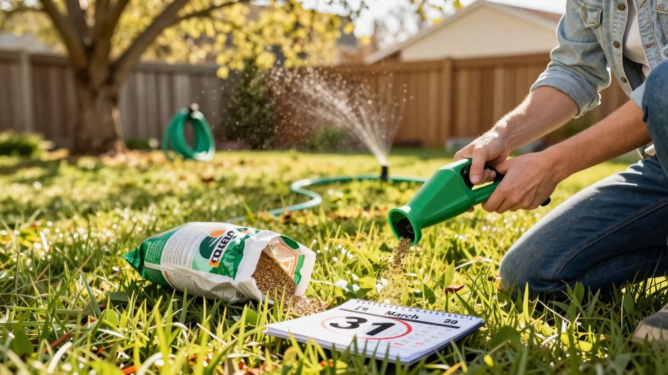 Pessoa a semear grãos num jardim com regador verde, saco de sementes aberto e calendário no relvado.